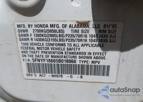 2005 Honda Pilot Ex-L z USA, uszkodzony, nr VIN 5FNYF18665B018060